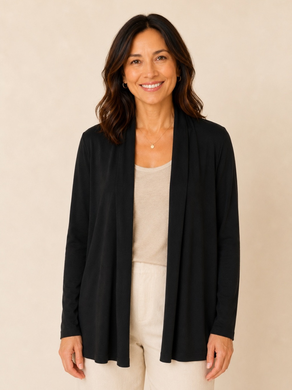 Eileen Fisher Silk Black Open Front Draped Cardigan Size L